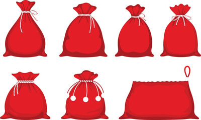 Christmas red gift bag cartoon illustration set, festive holiday sacks with drawstrings, decorative seasonal packaging, cheerful celebration design icons