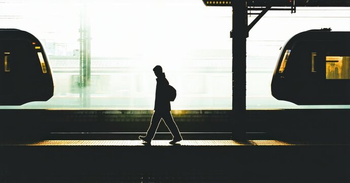 Silhouette walks platform. Trains flank scene. Foggy background suggests urban transit location. Minimalist composition, dramatic lighting. - Powered by Adobe