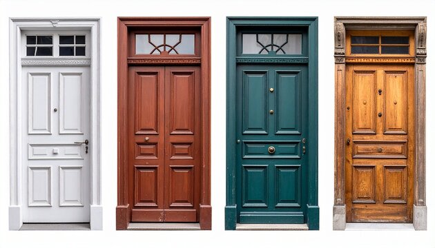 Four distinct front doors in gray, wood, blue, and green with transom windows and stone framing