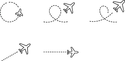 Airplane, flight, path, silhouette, dashed, line, loop, maneuver, aviation, travel, motion, black, white, minimal, direction, vector, icon, flying, sky, illustration