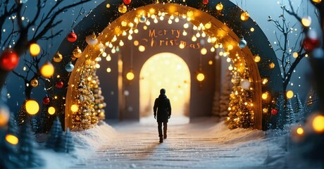 Fototapeta premium Lone figure walks toward bright archway decorated with festive lights, trees, snow. Winter scene evokes holiday spirit, warmth.