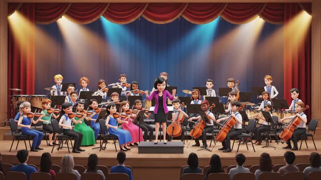 Animated orchestra performance with conductor and musicians in concert hall