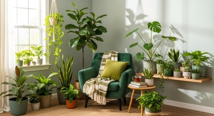 Fototapeta premium Cozy minimal living room interior with green armchair and many houseplant. Bright sunbeam and plant shadows on the wall. Minimalist home design