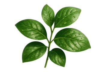 Fresh green basil leaves with clear water drops forming dew on transparent background, symbolizing nature and vitality