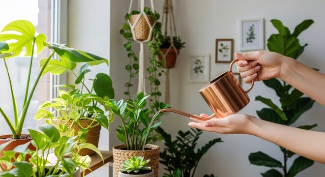 Woman hand watering house plant in pot with copper can. Home gardening, taking care of tropical greenery. Eco friendly sustainable lifestyle.