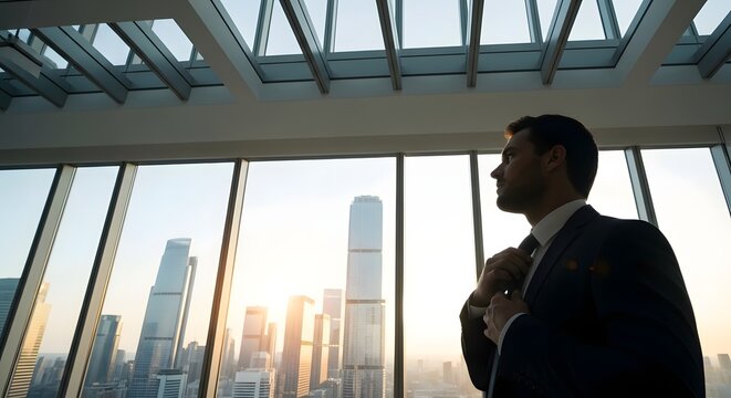 A professional businessman adjusting his tie while looking out of a large office window at a modern city skyline during sunset