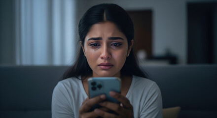 A young woman sits indoors, focused on her smartphone while crying in a dimly lit room.