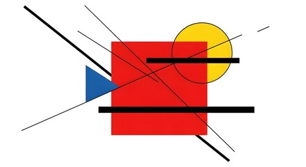 Abstract geometric artwork featuring colorful shapes and lines with a modern and minimalist design style