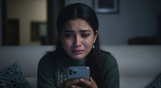 A young woman sits indoors, focused on her smartphone while crying in a dimly lit room.