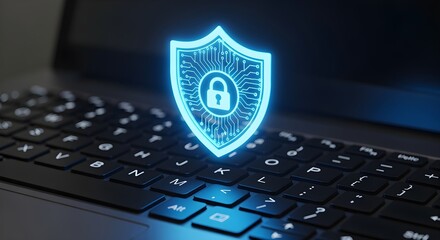Glowing neon shield icon representing cybersecurity over a laptop keyboard.