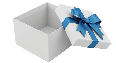 Open white gift box with a blue ribbon isolated on white background perfect for product presentation or promotional use