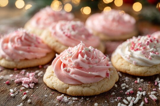 Frosted sugar cookies with pink icing and sprinkles