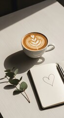 A cup of beautifully crafted latte with latte art on a white table next to a small notebook with a heart drawing and a sprig of greenery in natural lighting