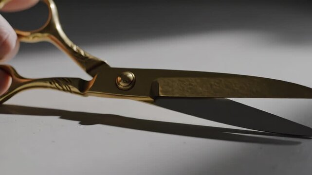 Close up of golden scissors with shadows on light surface