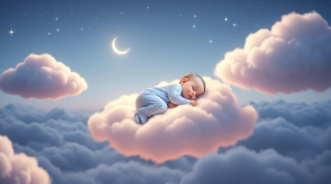 Adorable newborn baby sleeping peacefully on a soft cloud in a magical starry night sky with a crescent moon