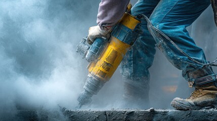 Taken from behind, a construction worker is drilling a concrete wall with a large, yellow hammer drill. The worker is wearing blue overalls and sturdy boots with buckles, a helmet,