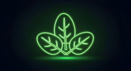 A creatively enhanced rephrasing of neon spinach leaves icon with minimal glowing contours and fresh green neon shine, depicted with richer detail and a more artistic presentation.