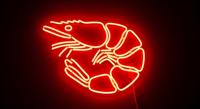 Neon shrimp icon in curled glowing red silhouette with segmented neon joints.