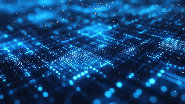 Tech-style digital flow background: glowing dots forming square outlines on blue base, close-up showing circuit-like intricate patterns, soft light creating depth and dynamism