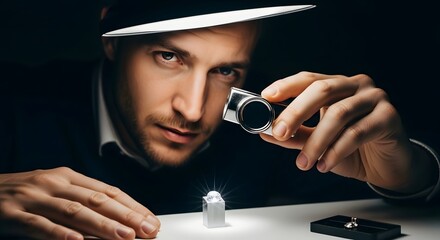 A scientist carefully examines a small object using a magnifying glass in a dark laboratory environment, demonstrating precision and focus in scientific research