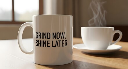 Close-up of a white ceramic mug with the motivational quote 'GRIND NOW, SHINE LATER' printed on it, placed on a wooden table with a steaming cup in the background in a cozy indoor setting