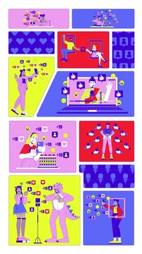 Influencer culture animated bento grid layout. Live streaming. Generation z vlog. Diverse content creators 2D animation flat cartoon ui collage design. Vertical 4K video motion graphic collection
