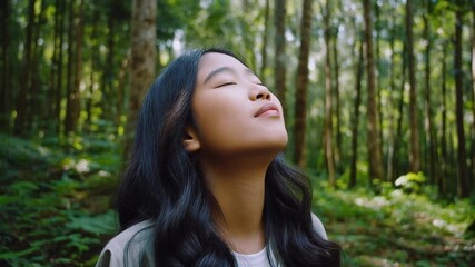 Person standing in forest with eyes closed surrounded by tall trees and lush greenery for editorial wellness photography nature decor and poetic tranquility-themed visuals