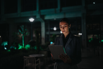 A professional woman in a dark suit stands in a dimly lit outdoor courtyard at night, focused on a...