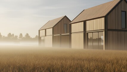 Modern wooden houses emerge from a misty field at sunrise, showcasing minimalist architecture in a tranquil rural landscape