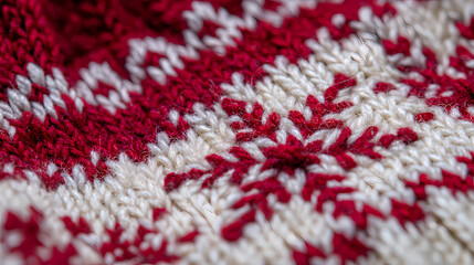 Close-up texture of a festive red and white knitted fabric with a snowflake pattern, perfect for winter clothing and holiday decorations