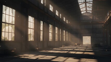 Dramatic sunbeams pierce through the dusty air of a vast, abandoned industrial warehouse, illuminating the empty space with golden light and casting long shadows