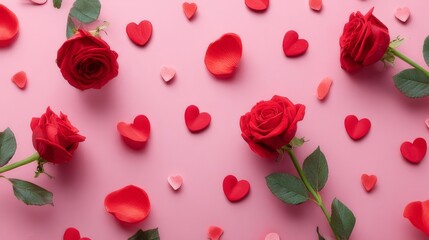 Valentine&rsquo;s day flat lay with red roses, scattered heart shapes, and romantic decorations on soft pink background for love-themed celebration