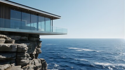 Luxurious modern villa with a panoramic ocean view, featuring a glass-walled balcony perched on a rugged cliffside