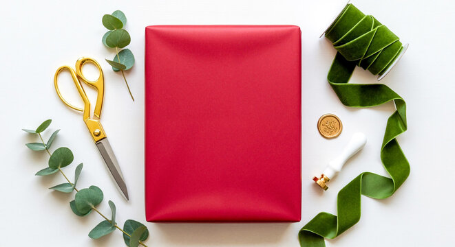 Red gift box surrounded by green ribbon eucalyptus leaves gold scissors and wax seal. Holiday wrapping elements in flat lay composition. New year celebration preparation and festive gifting concept.