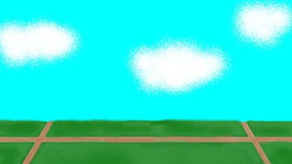 田んぼと空のイラスト　Rice field and sky illustration