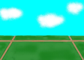 田んぼと空のイラスト　Rice field and sky illustration
