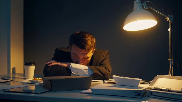 Man resting head on desk. Businessman in office leans on arms and looks tired. Lamp and coffee sit beside takeout food and paperwork. Suit and overtime suggest stress and late night work. Eye strain.