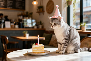 Cute Cat in Birthday Hat Sitting Beside Cake in Cozy Café, Warm Ambient Light, Adorable Pet Celebration Scene, Perfect for Coffee Shop and Lifestyle Concepts