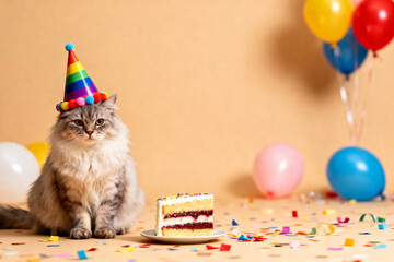 Adorable Fluffy Cat Staring at Birthday Cake with Candle, Party Hat and Cream Frosting, Warm Bokeh Lights, Festive Pet Portrait for Celebration or Greeting Card