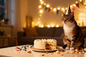 Relaxed Cat Wearing Tiny Birthday Hat Near Partially Eaten Cake, Golden Glow and Decorative Ribbons, Cozy Pet Celebration Photo with Blank Copy Space