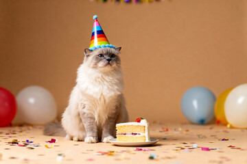 Fluffy Cat in Colorful Party Hat Looking at Cream Birthday Cake with Candle, Festive Bokeh Lights Background, Sharp Focus Pet Celebration Scene, Copy Space Design