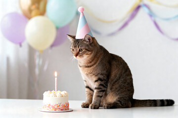 Adorable Cat in Birthday Hat Sitting Beside Cake with Candle, Festive Party Scene with Balloons and Ribbons, Cute Pet Celebration Concept, Sharp Focus on Feline Joy