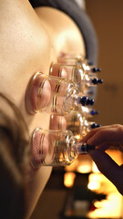 A hand unscrews the cap of a small suction cup in a serene spa setting. The cups are neatly arranged, suggesting a professional massage or cupping session, emphasizing relaxation and wellness.