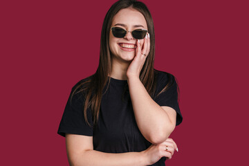 Fototapeta premium Happy stylish model, Chill Caucasian woman with fashionable attire