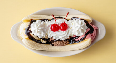 A colorful banana split dessert full of texture and contrast, designed for playful and joyful dessert visuals.