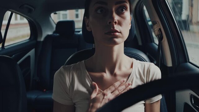 Woman reacts in car interior with hand on chest and tense expression while driver wearing seatbelt grips steering wheel and looks toward street with parked vehicle, surprise and concern on face