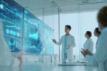 Scientists analyzing data on digital screens in high-tech lab