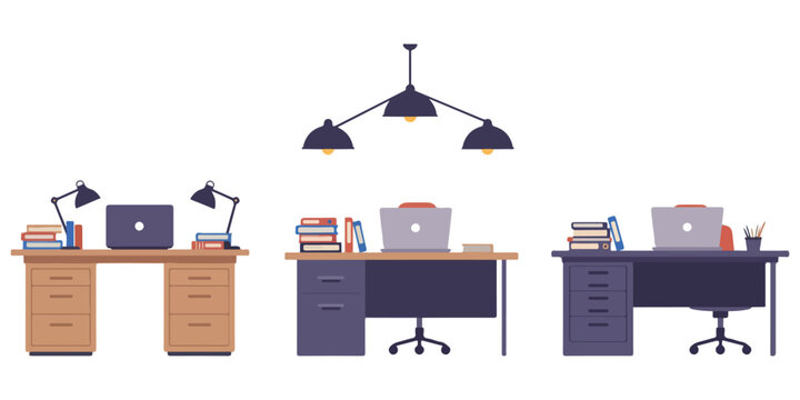 Home office setup with different colored desks laptops books and lamps creating a productive workspace for remote work