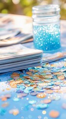 A jar filled with blue glitter sits beside a stack of cards and a pile of colorful confetti, suggesting a craft or party setting.
