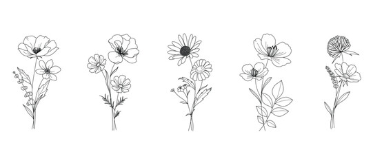 minimal line flower and botanical graphic sketch drawing, trendy tiny tattoo design, floral elements vector illustration